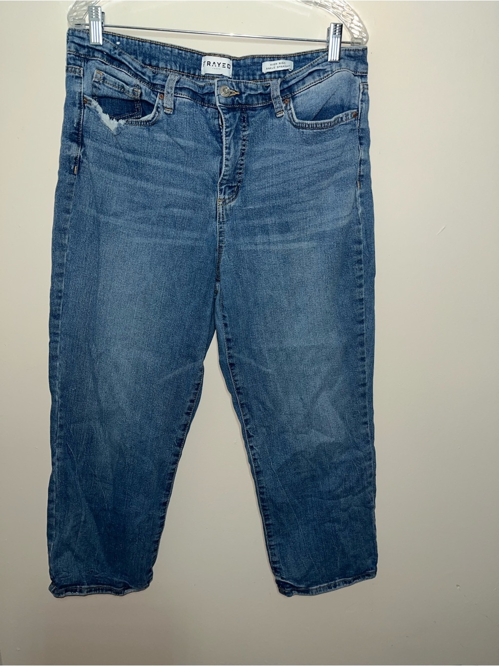 Frayed High Rise Ankle Straight Cotton Jeans